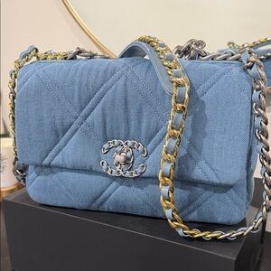 CHANEL Quilted Denim Small Flap Shoulder Bag - Light Blue with Mixed Metal Chain